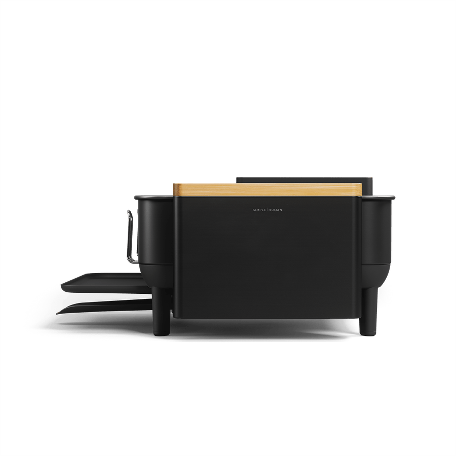 Simplehuman Matte Black Knife Block with Bamboo top, showing the removable drip trays and utensil hooks.