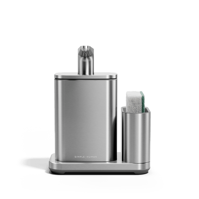 Front view of Simplehuman Brushed stainless steel Pulse Pump with Caddy.
