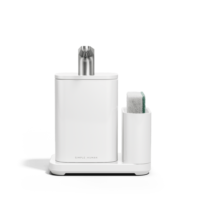 Front view of Simplehuman White Pulse Pump with Caddy with sponge in caddy.