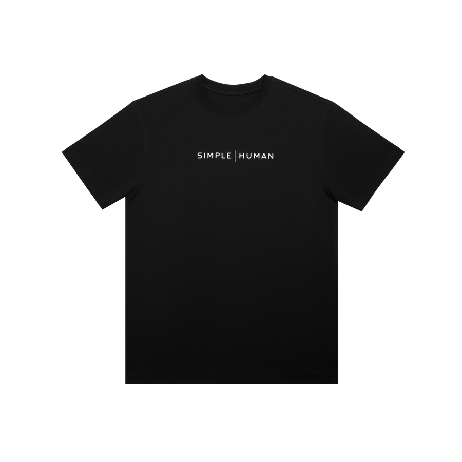 Direct front view of Simplehuman Black T-Shirt featuring white logo branding across the chest.