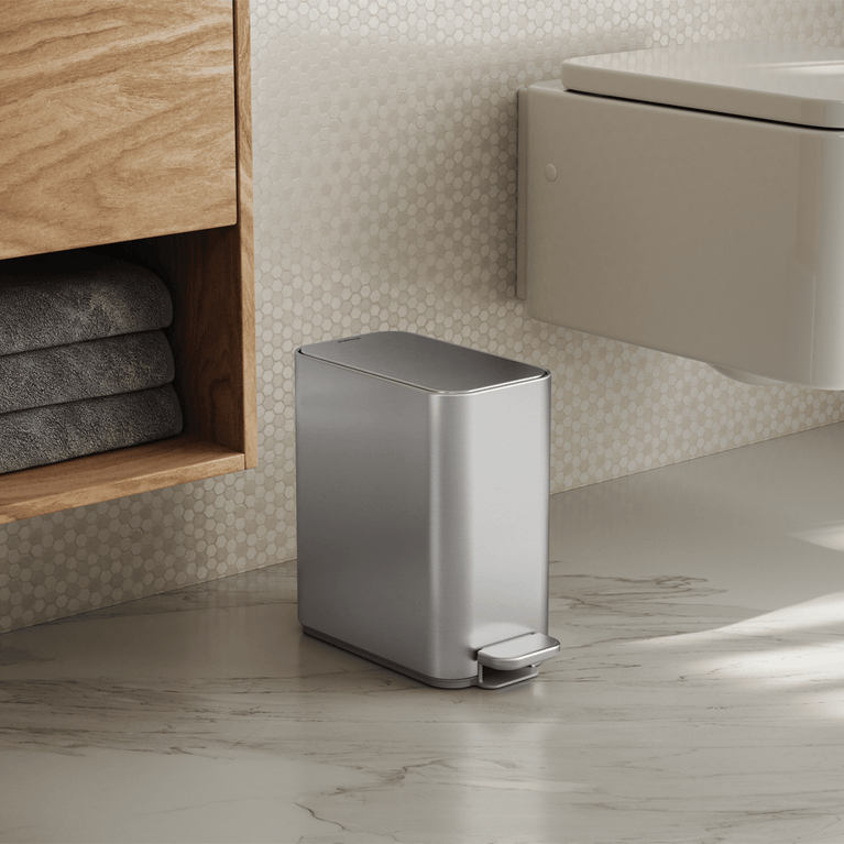 Simplehuman's 5L Slim Step Can in a modern bathroom setting