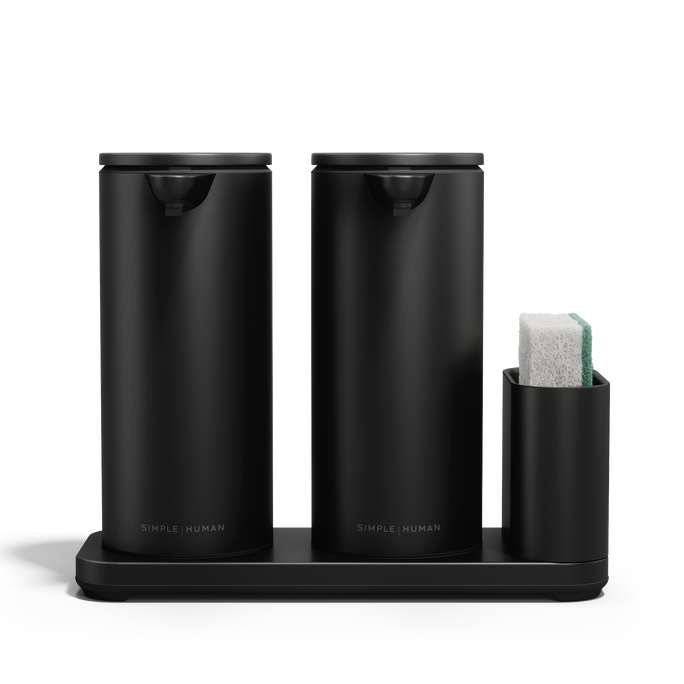 Simplehuman Matte Black Dual Sensor Pump 14 oz. with integrated caddy holding a sponge, touch-free and rechargeable.