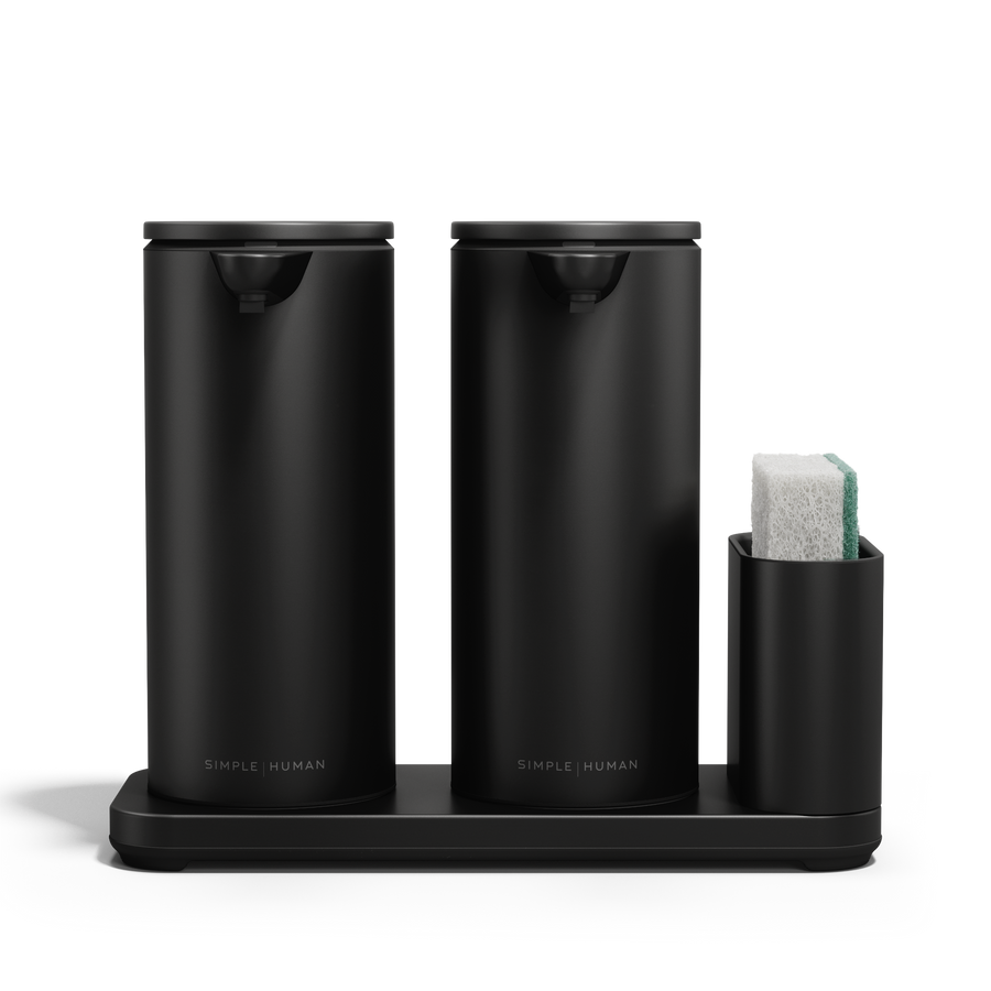 Simplehuman Matte Black Dual Sensor Pump 14 oz. with integrated caddy holding a sponge, touch-free and rechargeable.