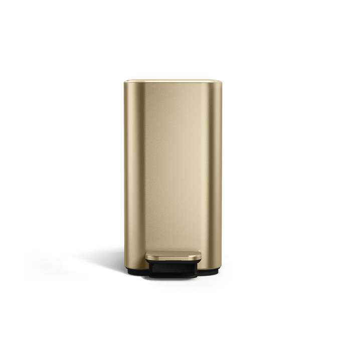 Simplehuman 5L Slim Step Can in Brass, Front view, hands-free slim design.