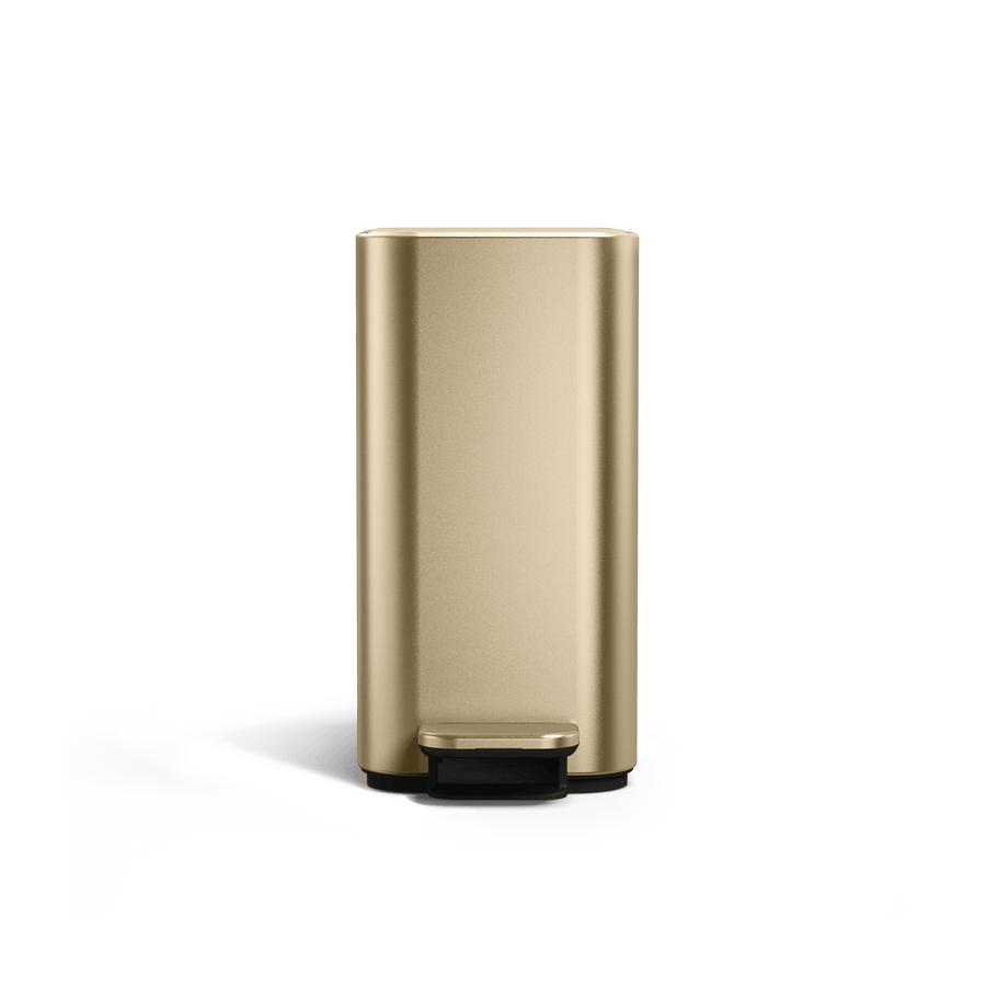 Simplehuman 5L Slim Step Can in Brass, Front view, hands-free slim design.