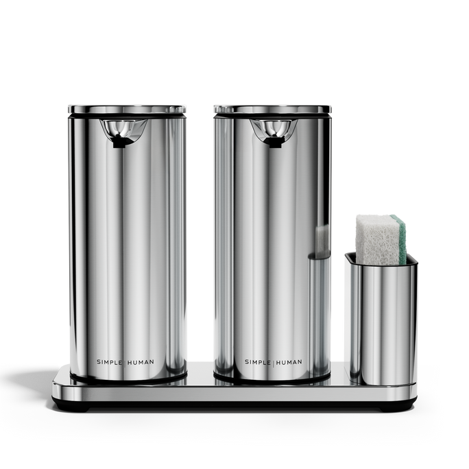 Studio view: Simplehuman Polished Stainless Steel Dual Sensor Pump 14 oz. with Caddy, twin rechargeable hands-free dispensing.