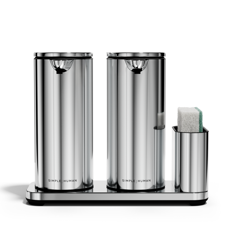 Studio view: Simplehuman Polished Stainless Steel Dual Sensor Pump 14 oz. with Caddy, twin rechargeable hands-free dispensing.