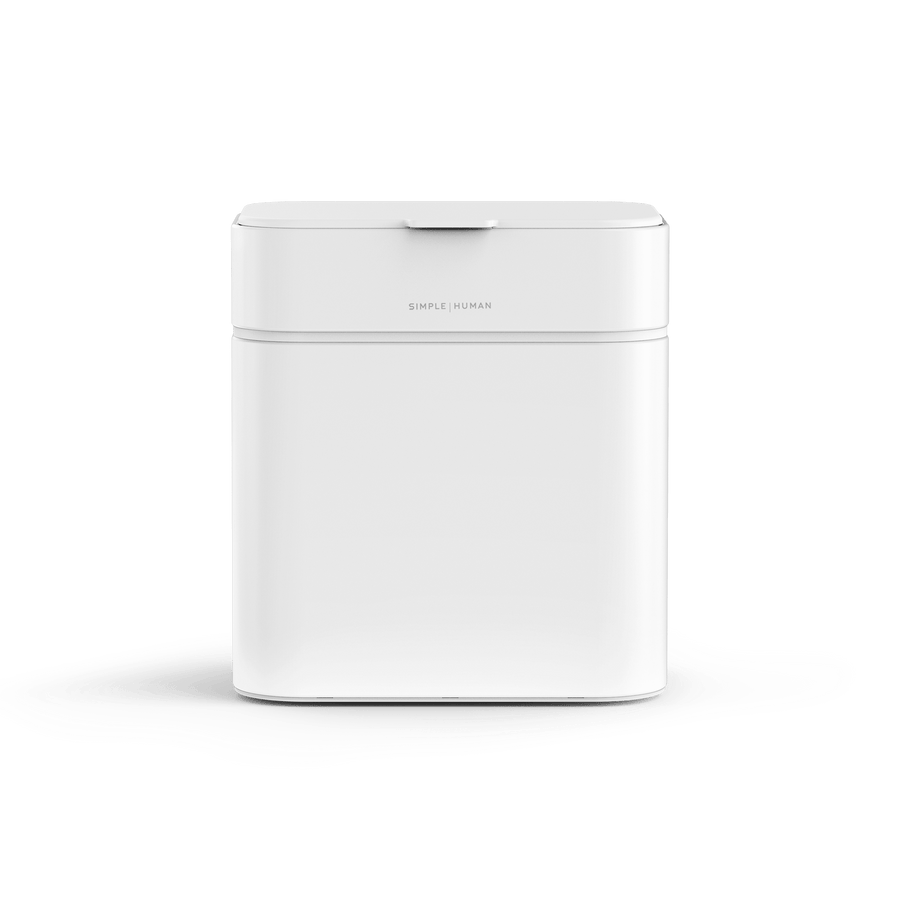 Simplehuman White Shredder, front view, compact and touch-free sensor operation.
