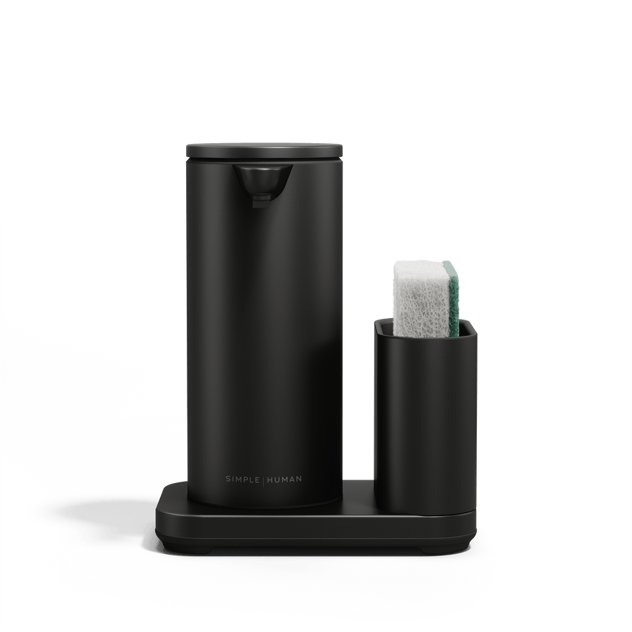 Simplehuman Matte Black 9 oz Sensor Pump with Caddy, touch-free soap dispenser and integrated sponge holder.