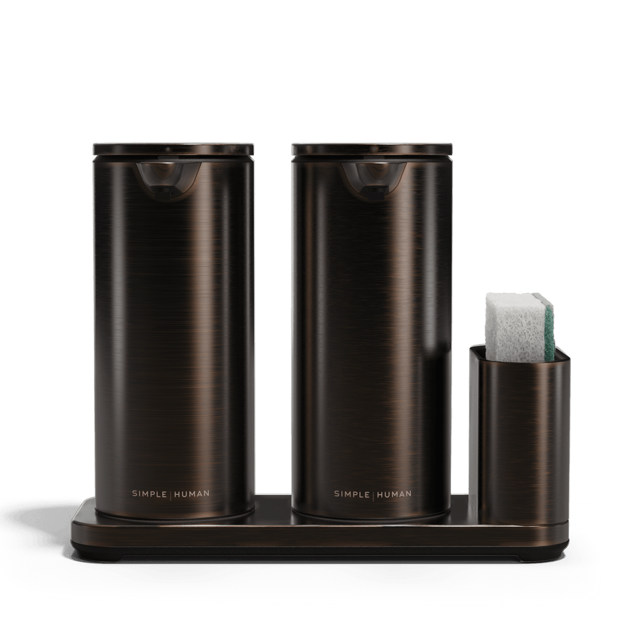 Studio view: Simplehuman Dark Bronze Dual Sensor Pump 14 oz. with integrated sponge caddy, twin rechargeable, hands-free.