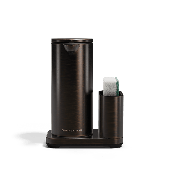 Simplehuman Brushed Bronze 14 oz Sensor Pump + Caddy, touch-free, rechargeable, with sponge in removable dock.