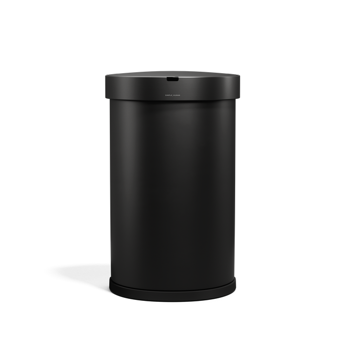 Front view of Simplehuman 45L Semi-Round Sensor Can in Matte Black, touch-free waste disposal.