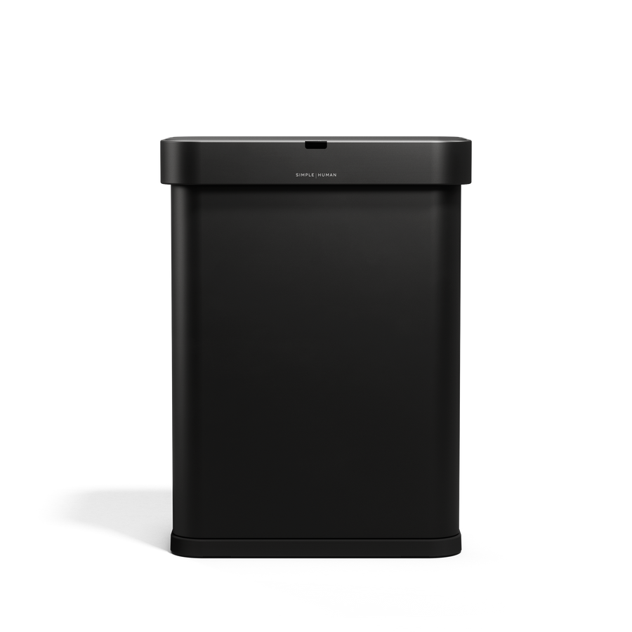 Frontal view of Simplehuman 58L Rectangular Sensor Can in Matte Black, touch-free operation.