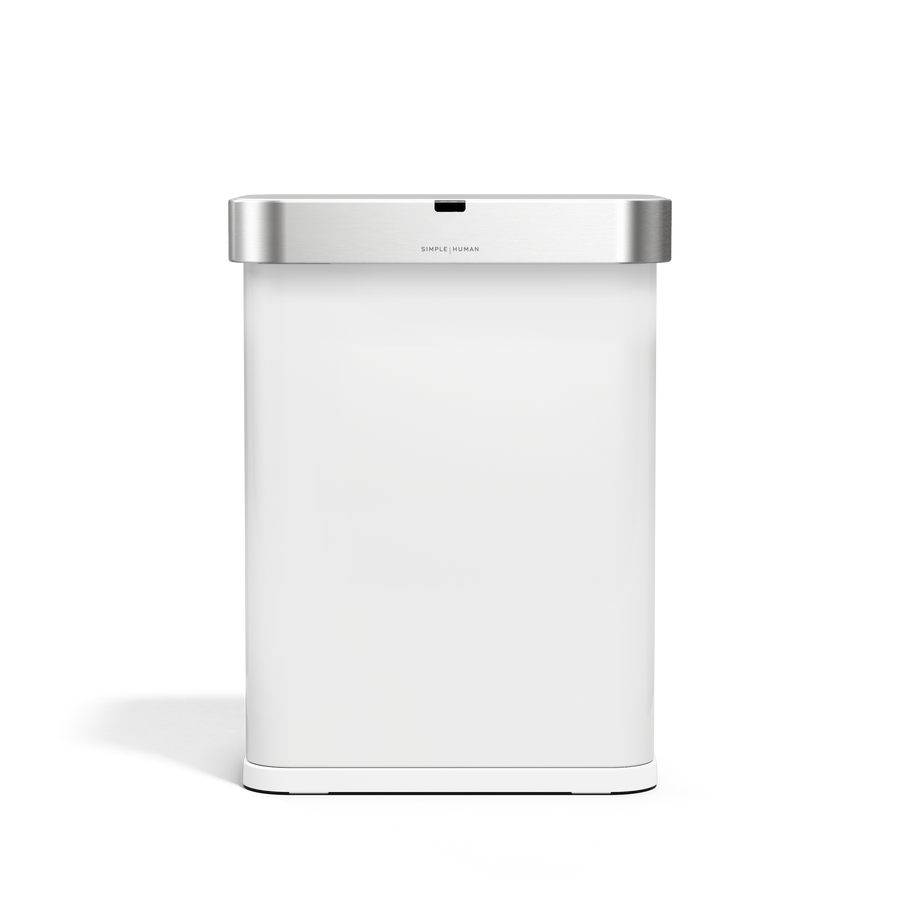Simplehuman 58L Rectangular Sensor Can in White, Brushed Stainless Steel lid, touch-free operation.