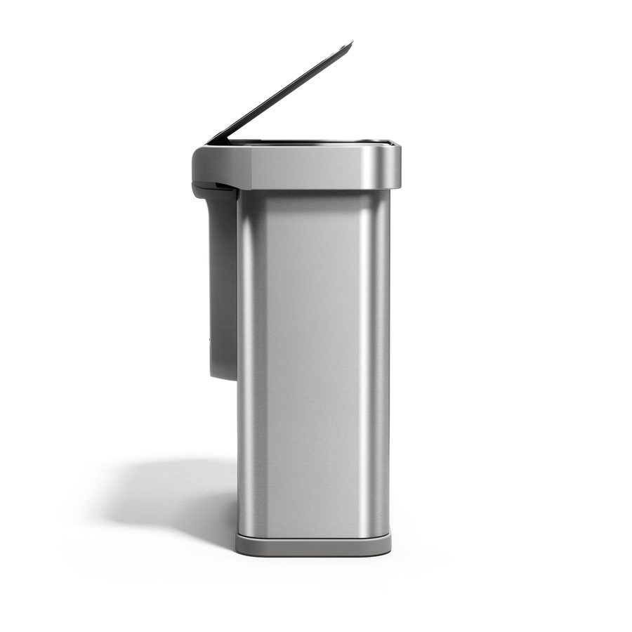 Side view, Simplehuman 58L Sensor Recycler, Brushed Stainless Steel, touch-free dual bin with lid open.