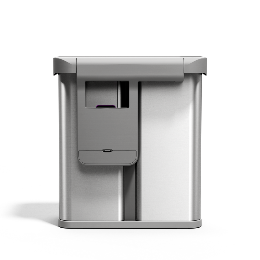 Close-up of Simplehuman 58L Sensor Recycler, Brushed Stainless Steel, showing the touch-free sensor lid.