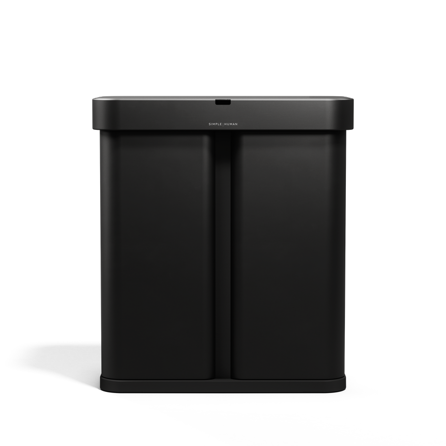 Front view, Simplehuman 58L Sensor Recycler in Matte Black, touch-free dual bin for trash and recycling.
