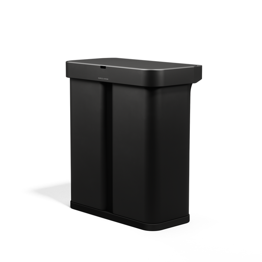 Angled view, Simplehuman 58L Sensor Recycler, Matte Black, touch-free dual bin system.