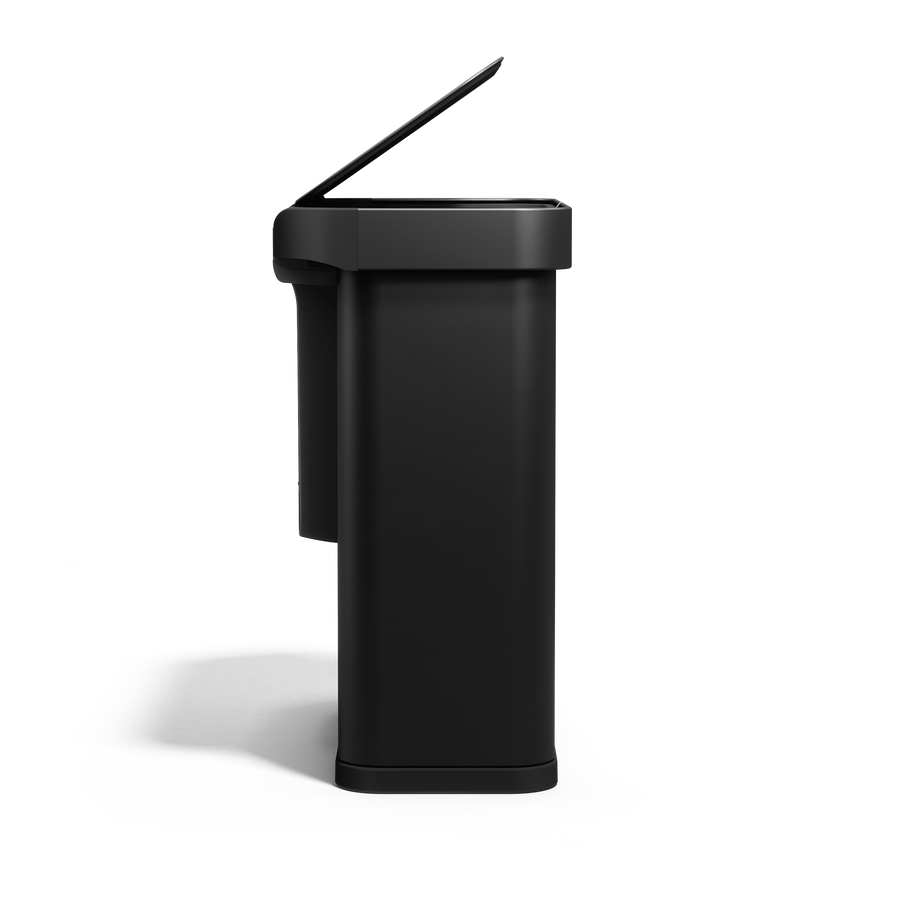 Side view, Simplehuman 58L Sensor Recycler, Matte Black, touch-free dual bin with lid open.