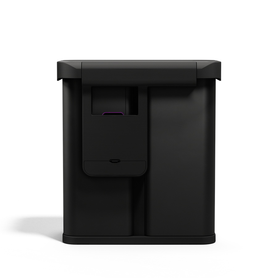 Side view, Simplehuman 58L Sensor Recycler, Matte Black, closed profile showing the built-in liner dispenser.
