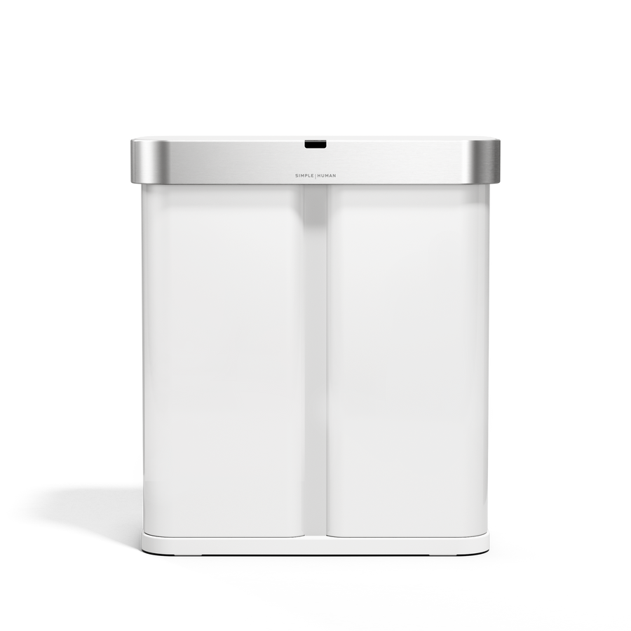 Front view, Simplehuman 58L Sensor Recycler in White/Brushed Stainless Steel, touch-free dual bin system.