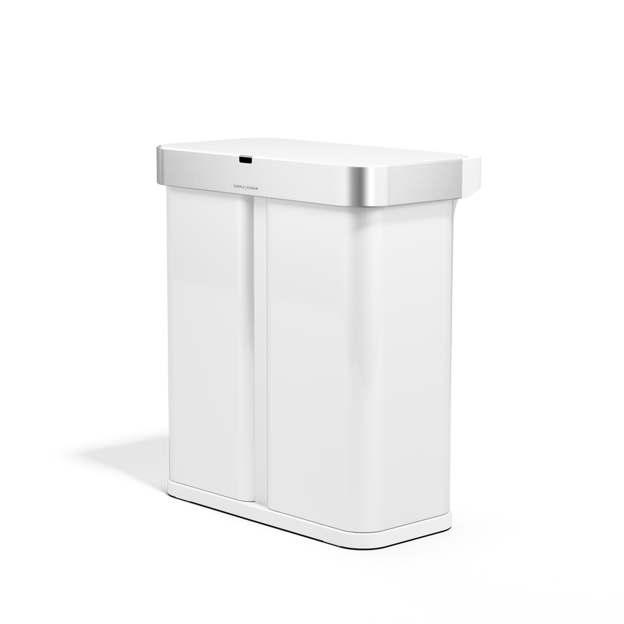 Angled view of Simplehuman 58L Sensor Recycler, White/Brushed Stainless Steel, touch-free dual trash and recycling bin.