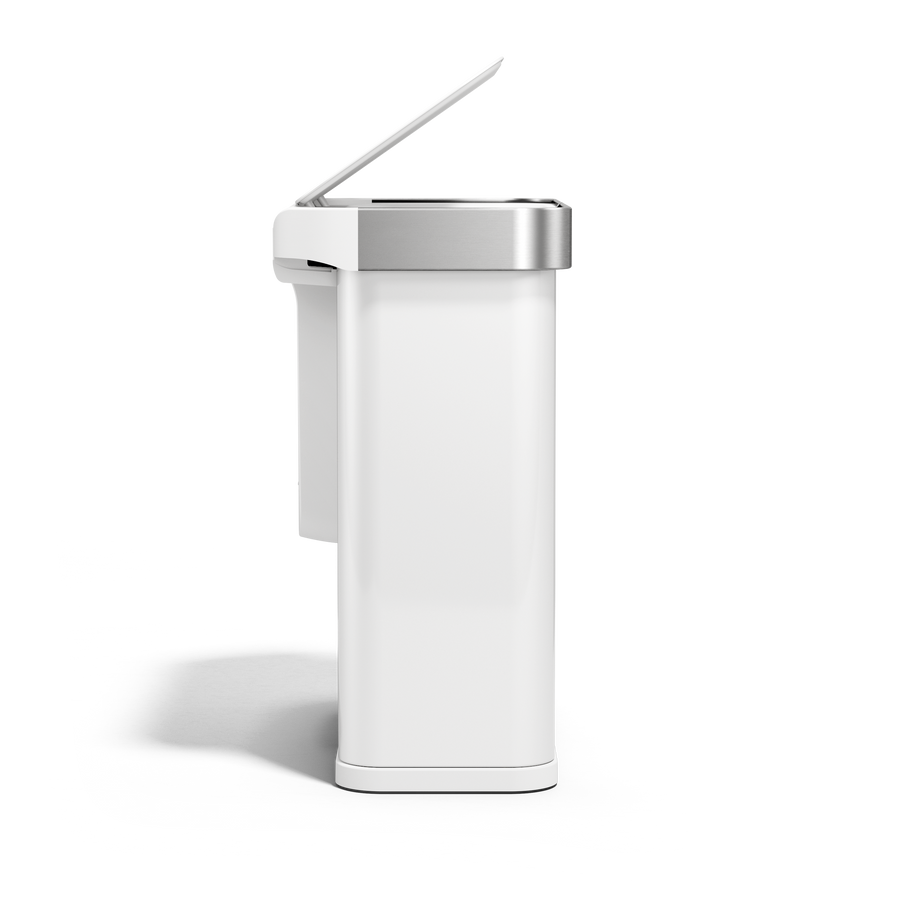 Side view, Simplehuman 58L Sensor Recycler, White/Brushed Stainless Steel, touch-free lid open.
