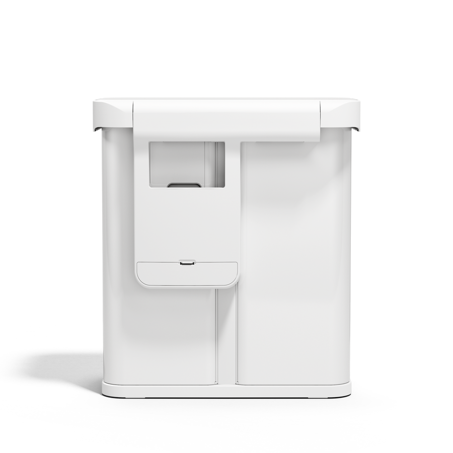 Back view, Simplehuman White 58L Sensor Recycler showing the integrated liner dispenser pocket.