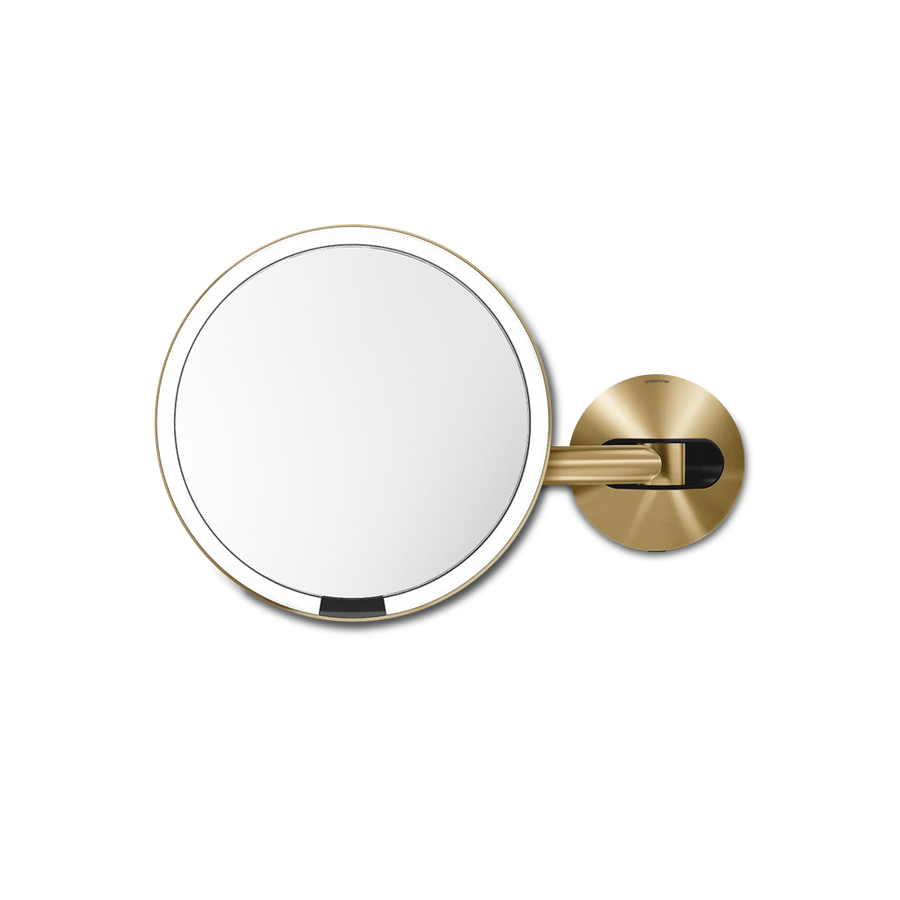Front view of Simplehuman Hard-Wired Sensor Mirror in Brass, adjustable arm, touch-free sensor light