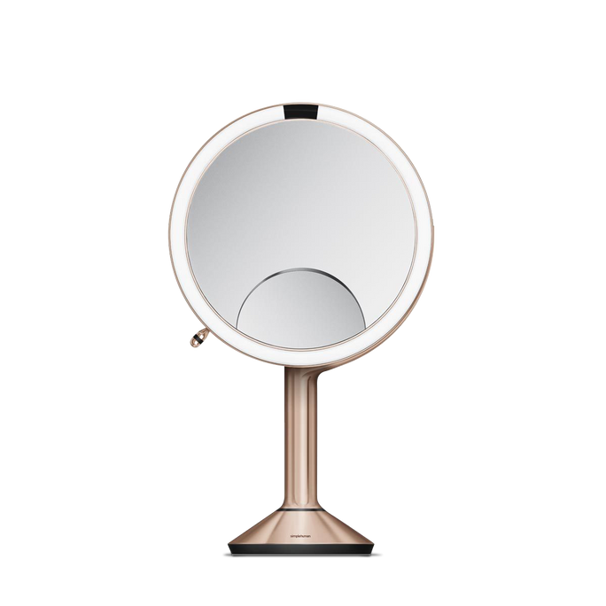 Simplehuman Sensor Mirror Trio in Rose Gold, touch-free illuminated mirror with 5x inset magnification.