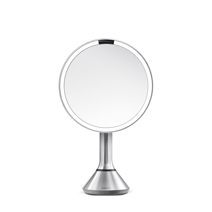 Simplehuman Sensor Mirror Round in Brushed Stainless Steel with touch-control brightness and dual light setting.