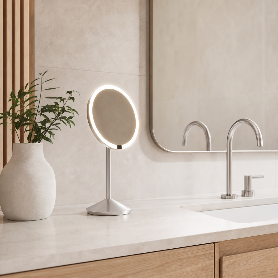Simplehuman's Sensor Mirror Fold with 5x Magnification in Brushed in a modern bathroom setting. 
