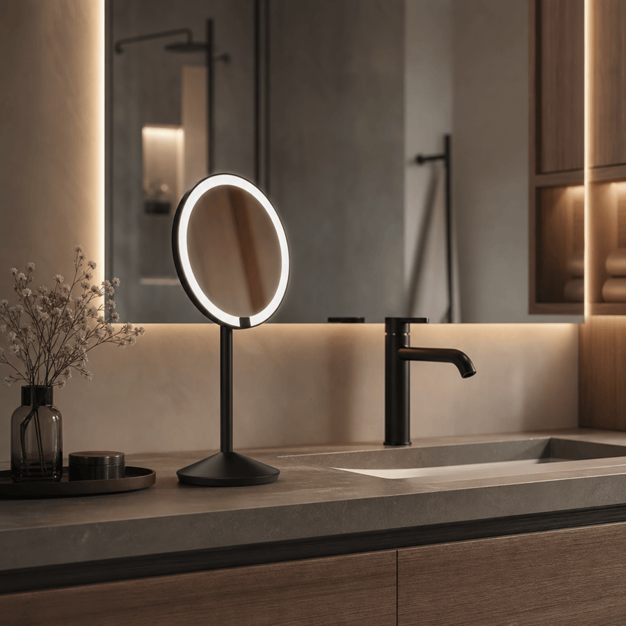 Simplehuman's Sensor Mirror Fold with 5x Magnification in Matte Black in a modern bathroom setting. 