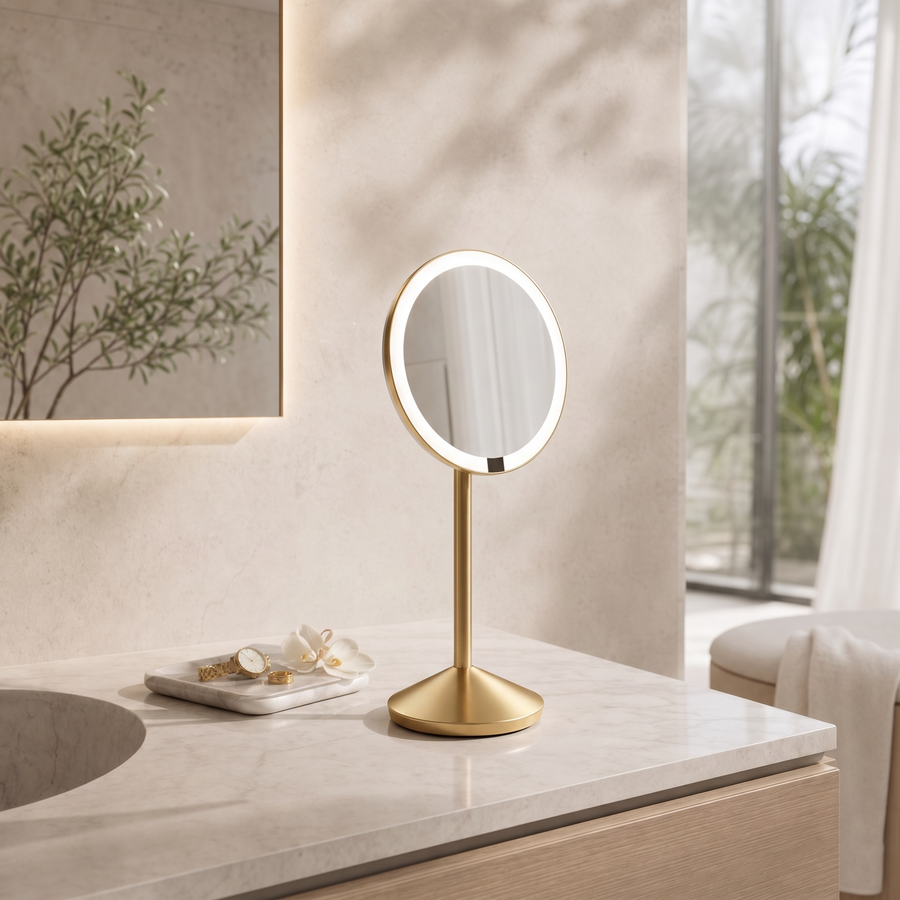 Simplehuman's Sensor Mirror Fold with 5x Magnification in Brass in a modern bathroom setting. 