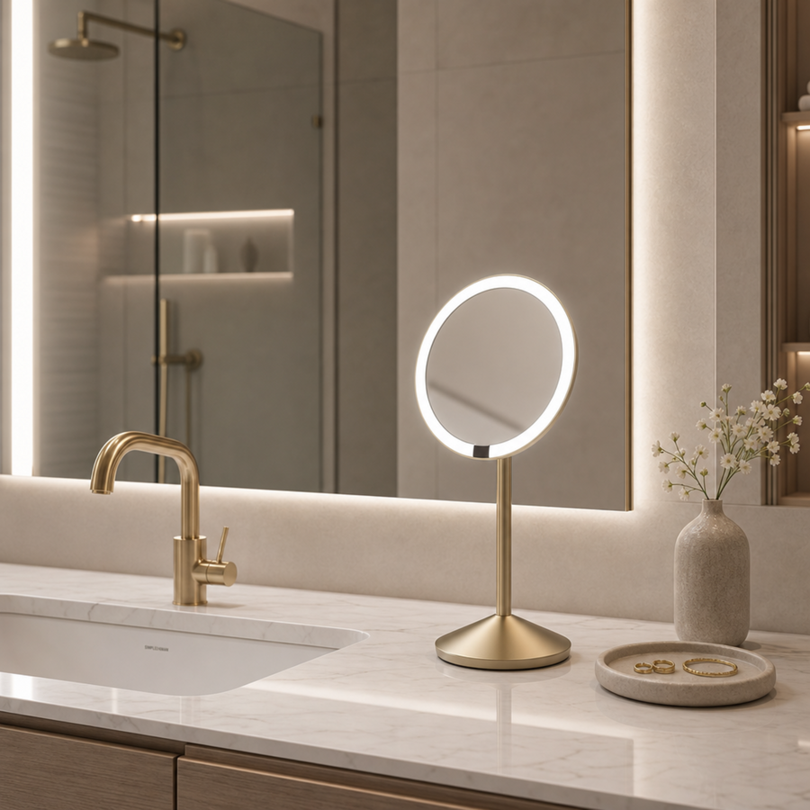 Simplehuman's Sensor Mirror Fold with 5x Magnification in Matte Gold in a modern bathroom setting. 