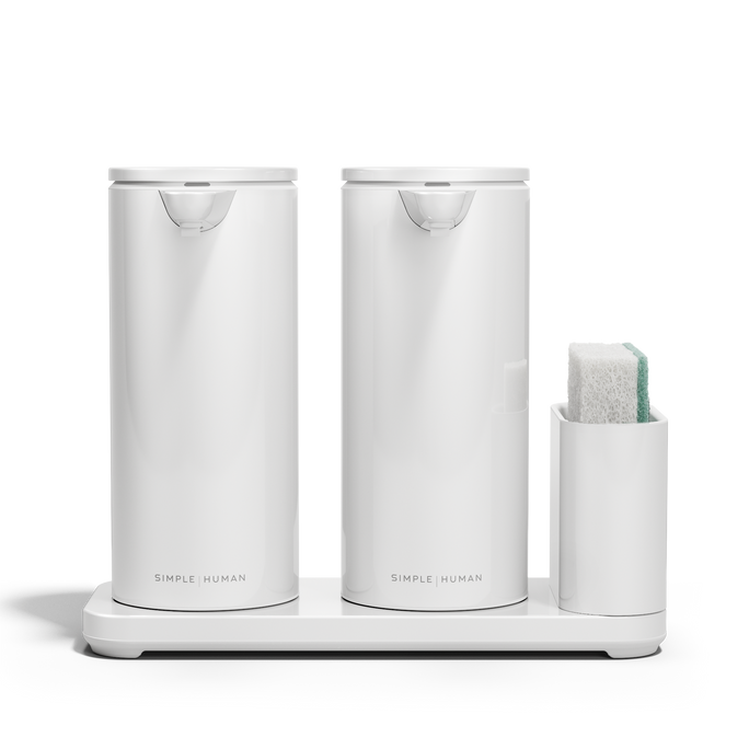 Simplehuman White Dual Sensor Pump 14 oz. with Caddy, rechargeable and twin touch-free dispensers.